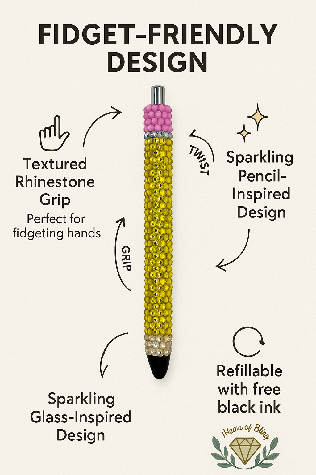 The Pencil Pen – Custom Rhinestone Pen Fidget-Friendly & Refillable