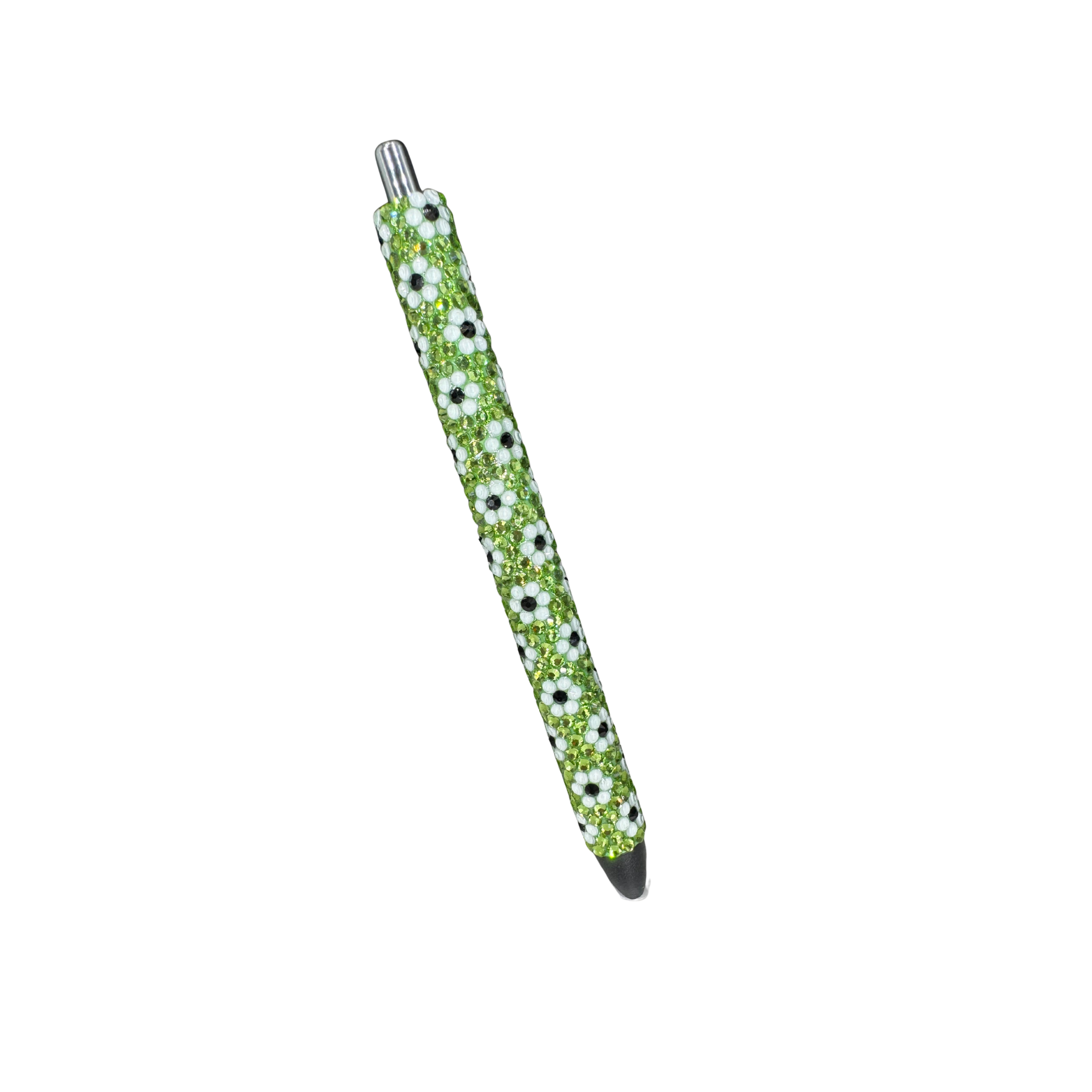 Sage Green with White Floral Glass Rhinestone Pen Refillable & Fidget-Friendly