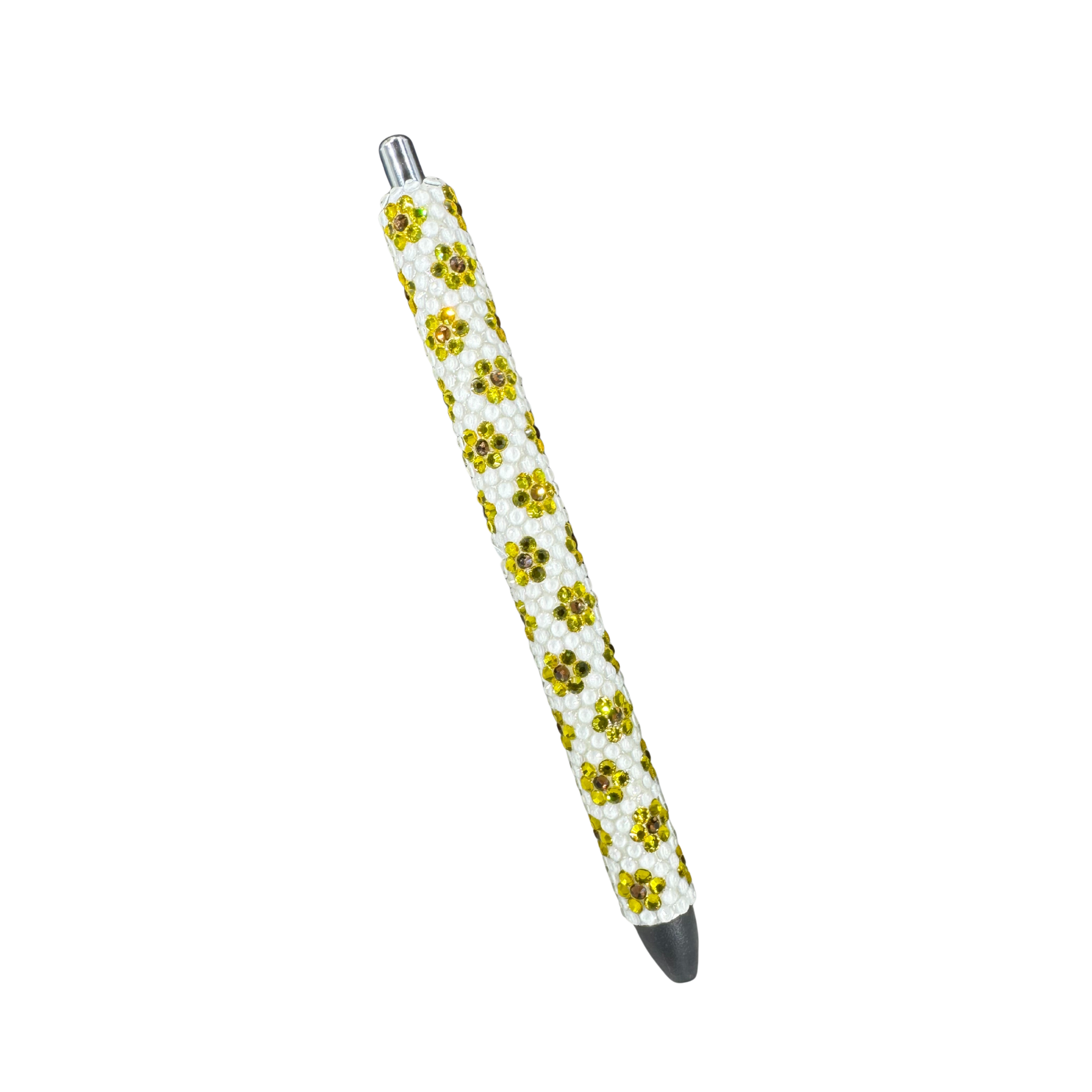 White with Yellow Floral Glass Rhinestone Pen | Refillable • Elegant Bloom • Fidget-Friendly