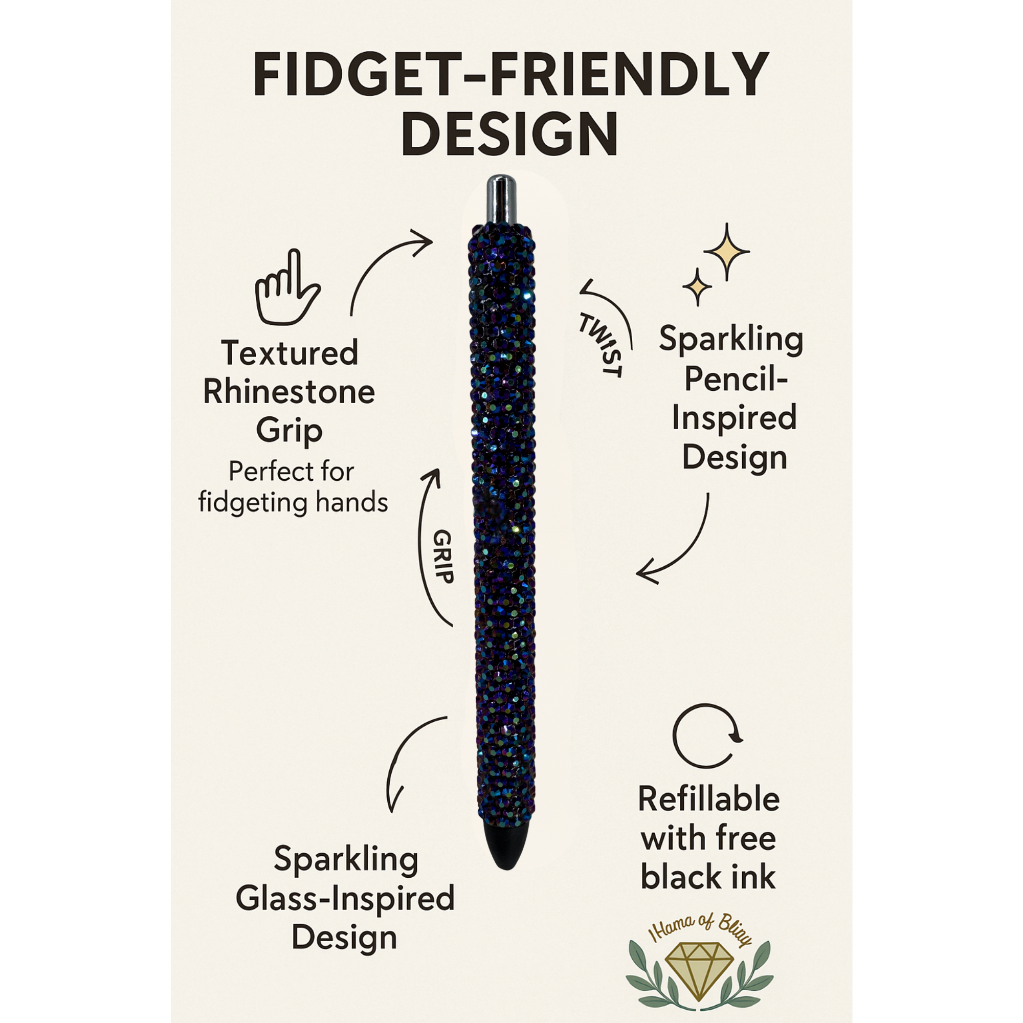 Rainbow Black – Custom Solid Color Glass Rhinestone Pen Refillable & Fidget-Friendly