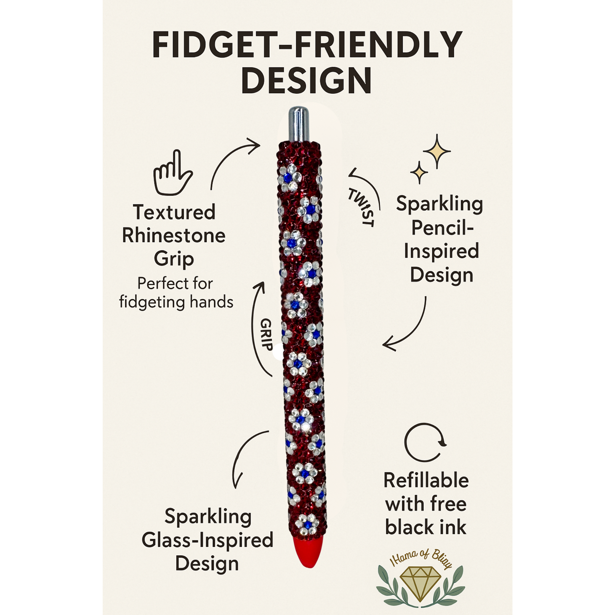 Miss America – Red, White & Blue Floral Glass Rhinestone Pen Refillable & Fidget-Friendly